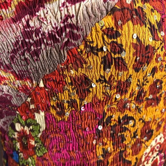 Alberto Makali red gold mixed floral print sequin crinkle top size Large - Picture 7 of 16